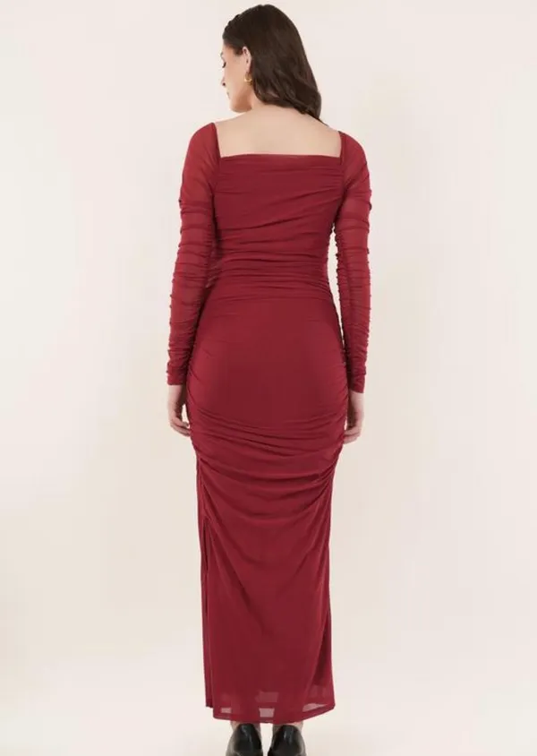 Burgundy_Net_Ruched_Bodycon_Maxi_Dress_For_Women