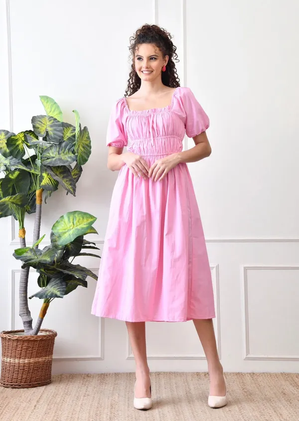 Pink_Cotton_Puff_Sleeve_Midi_Dress_For_Women