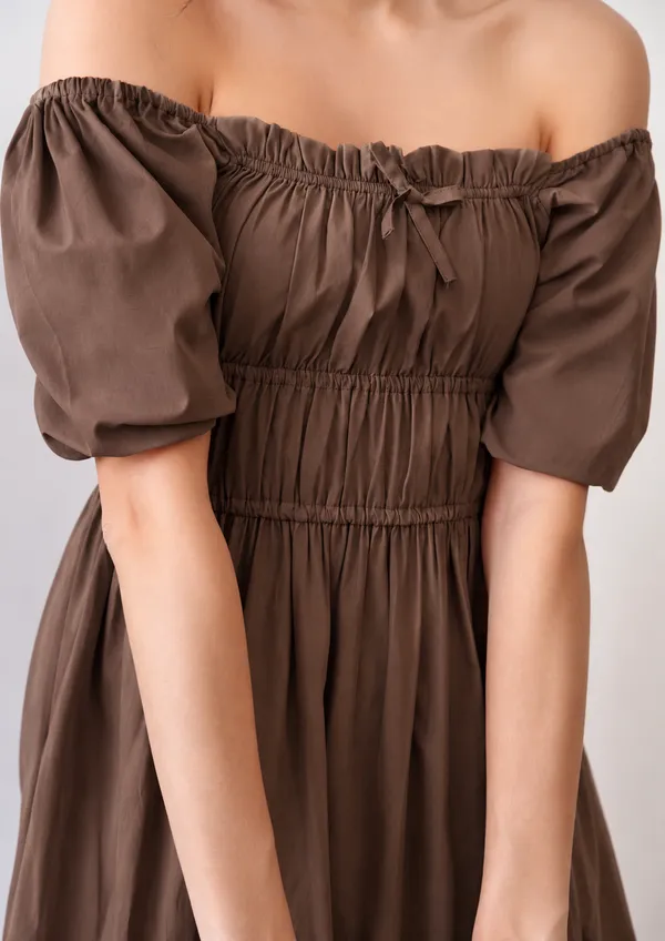 Brown_Cotton_Puff_Sleeve_Midi_Dress_For_Women