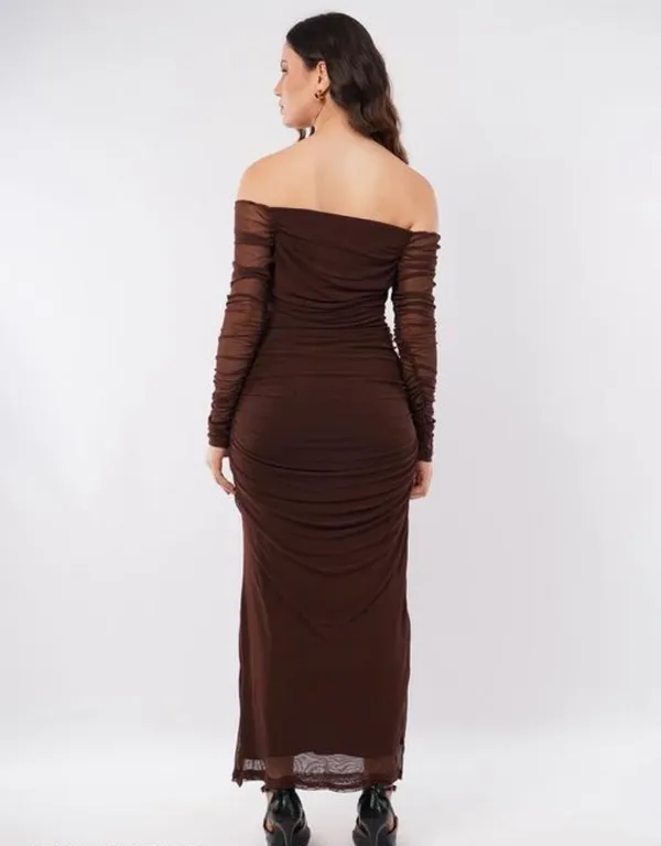 Brown_Net_Ruched_Off_Shoulder_Bodycon_Maxi_Dress_For_Women