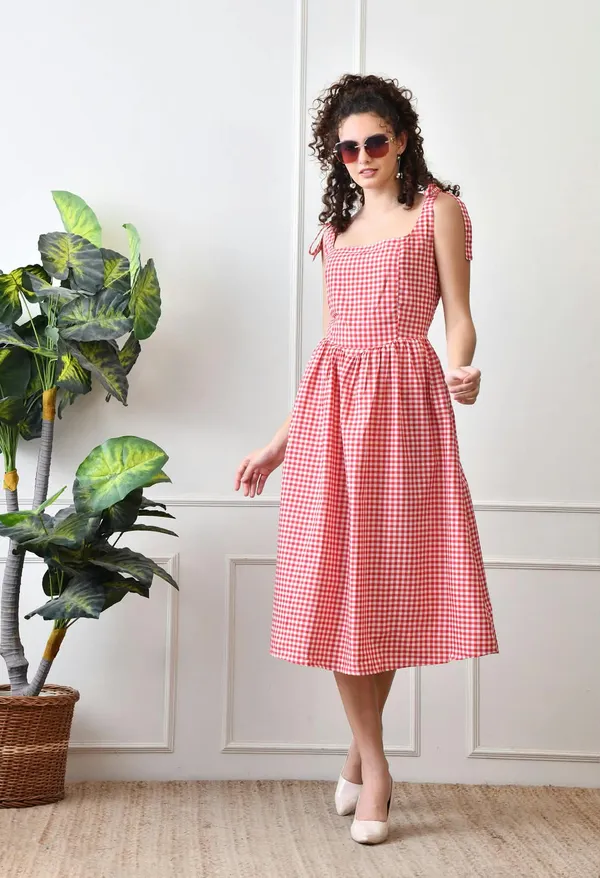 Red_Cotton_Gingham_Tie_Strap_Midi_Dress_For_Women