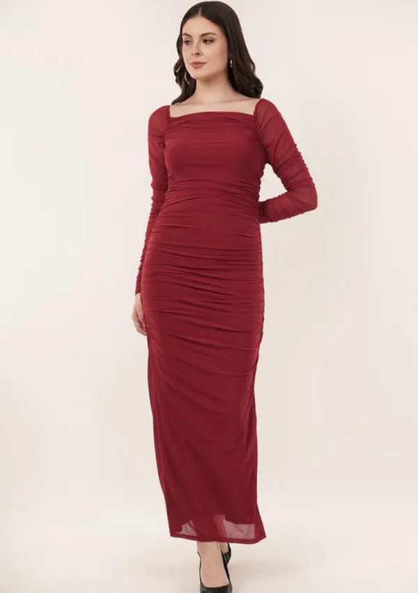 Burgundy_Net_Ruched_Bodycon_Maxi_Dress_For_Women