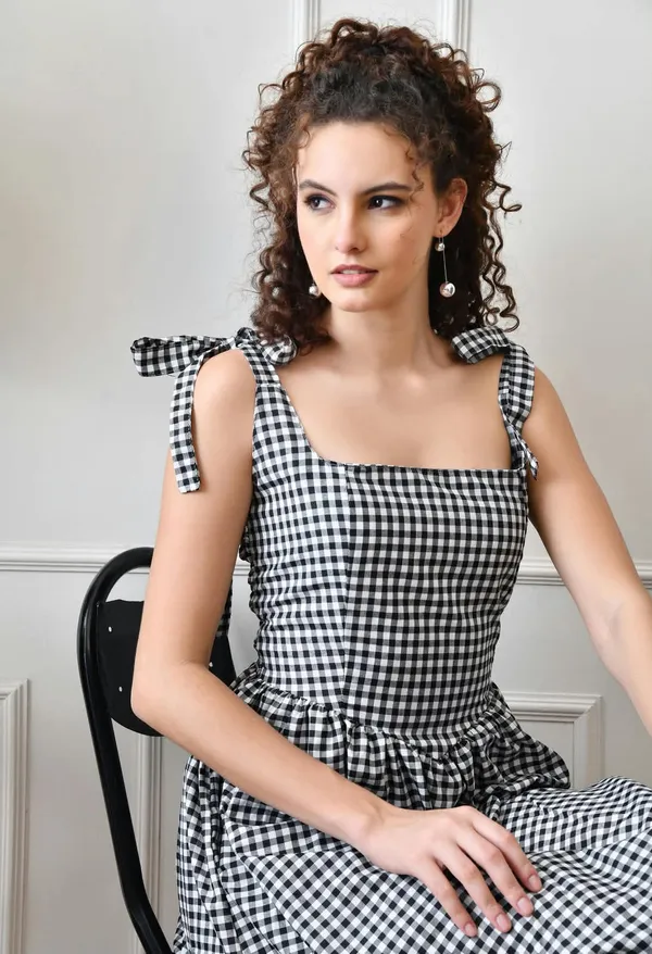 Black_White_Cotton_Gingham_Tie_Strap_Midi_Dress_For_Women