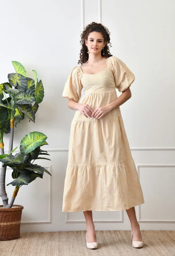 Cream_Cotton_Puff_Sleeve_Midi_Dress_For_Women