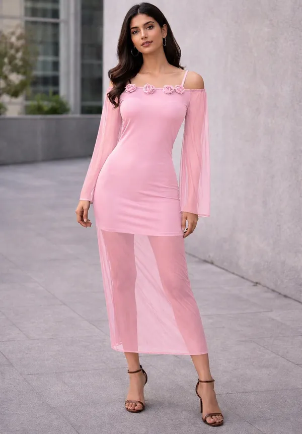 Pink_Net_Bodycon_Dress_Set_For_Women