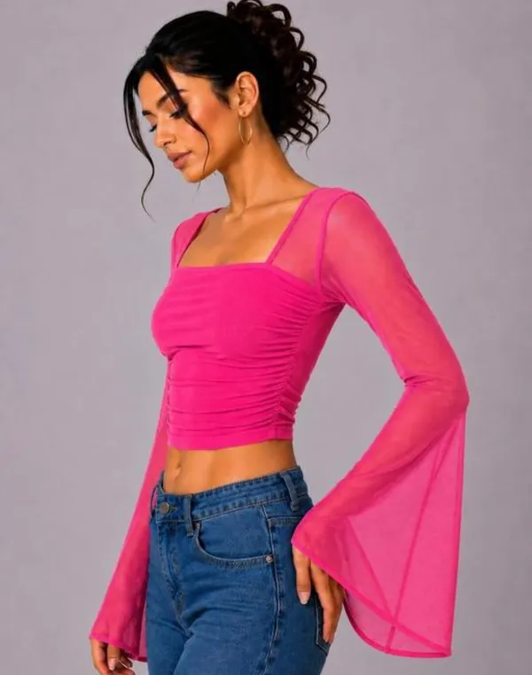 Pink_Net_Ruched_Crop_Top_For_Women