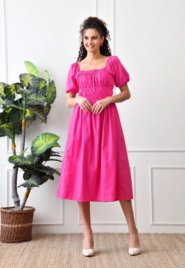 Pink_Cotton_Smocked_Puff_Sleeve_Midi_Dress_For_Women