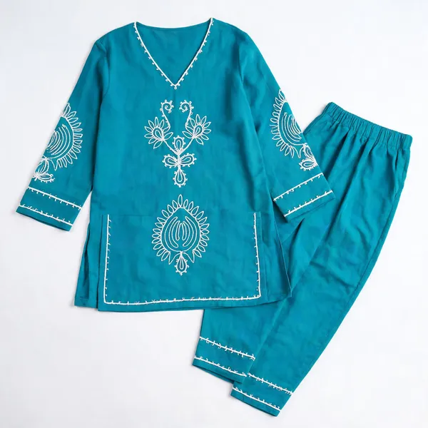 Turquoise_Cotton_Embroidered_Co_Ord_Set_For_Women