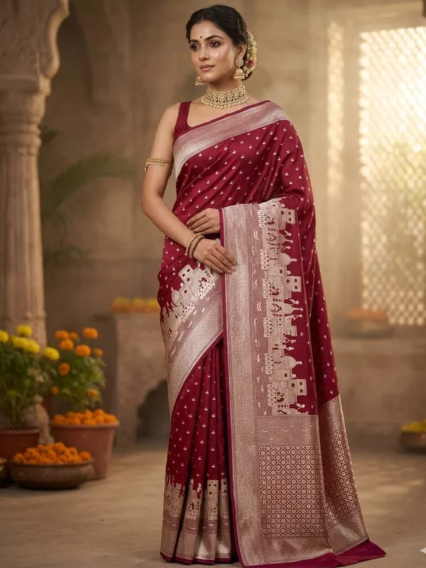 Ruby_Red_Mashru_Katan_Silk_Ghat_Border_Banarasi_Saree