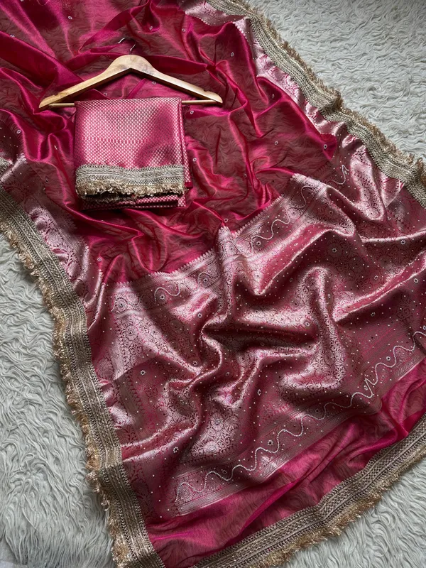 Banarasi_Tissue_Silk_Saree_With_Hand_Embroidered_Moti_Work_Heavy_Lace_Border_Pink