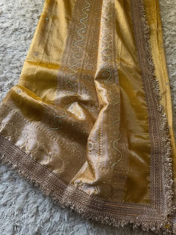 Banarasi_Tissue_Silk_Saree_With_Hand_Embroidered_Moti_Work_Heavy_Lace_Border_Yellow