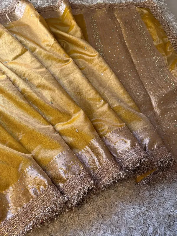 Banarasi_Tissue_Silk_Saree_With_Hand_Embroidered_Moti_Work_Heavy_Lace_Border_Yellow