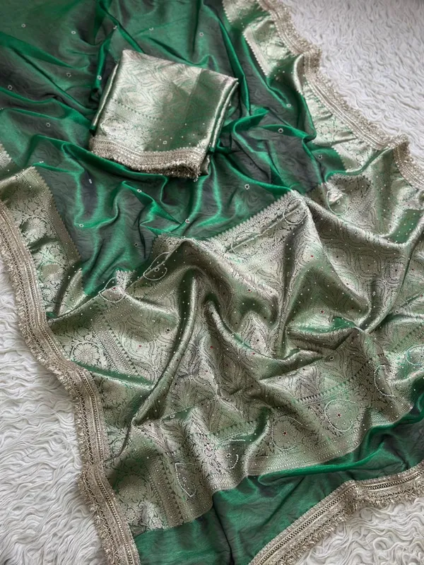 Banarasi_Tissue_Silk_Saree_With_Hand_Embroidered_Moti_Work_Heavy_Lace_Border_Green