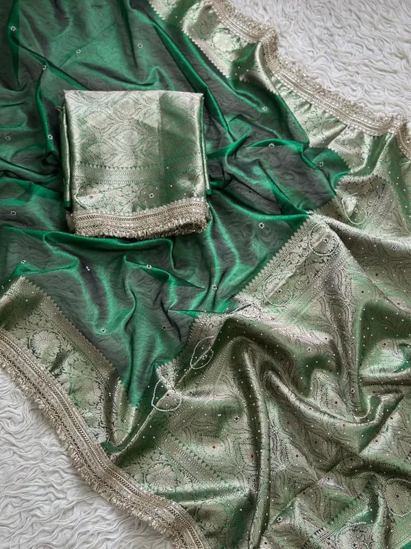 Banarasi_Tissue_Silk_Saree_With_Hand_Embroidered_Moti_Work_Heavy_Lace_Border_Green