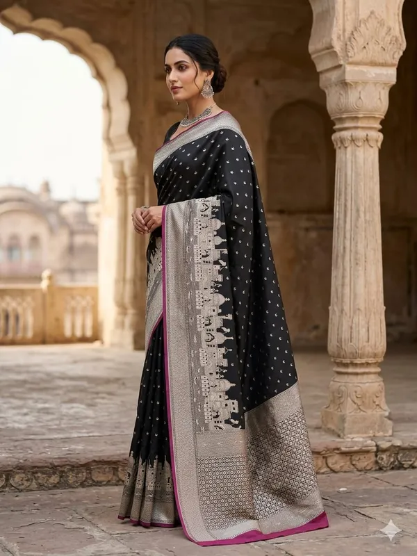 Mashru_Katan_Silk_Ghat_Border_Banarasi_Saree_Black