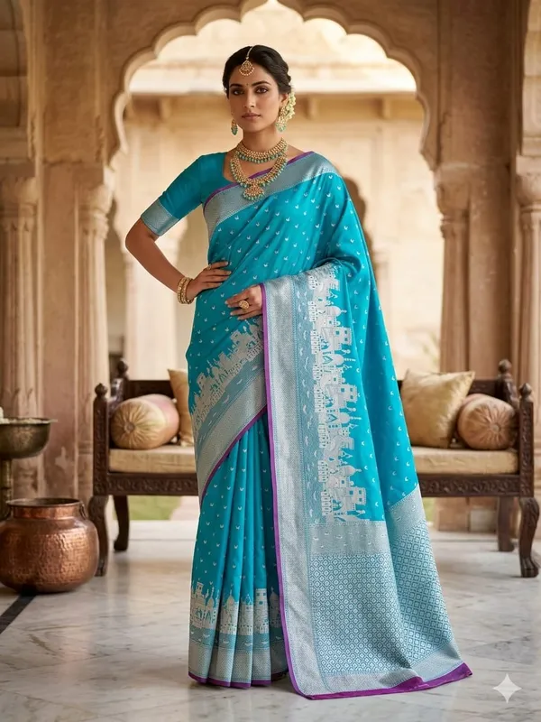 Mashru_Katan_Silk_Ghat_Border_Banarasi_Saree_Blue