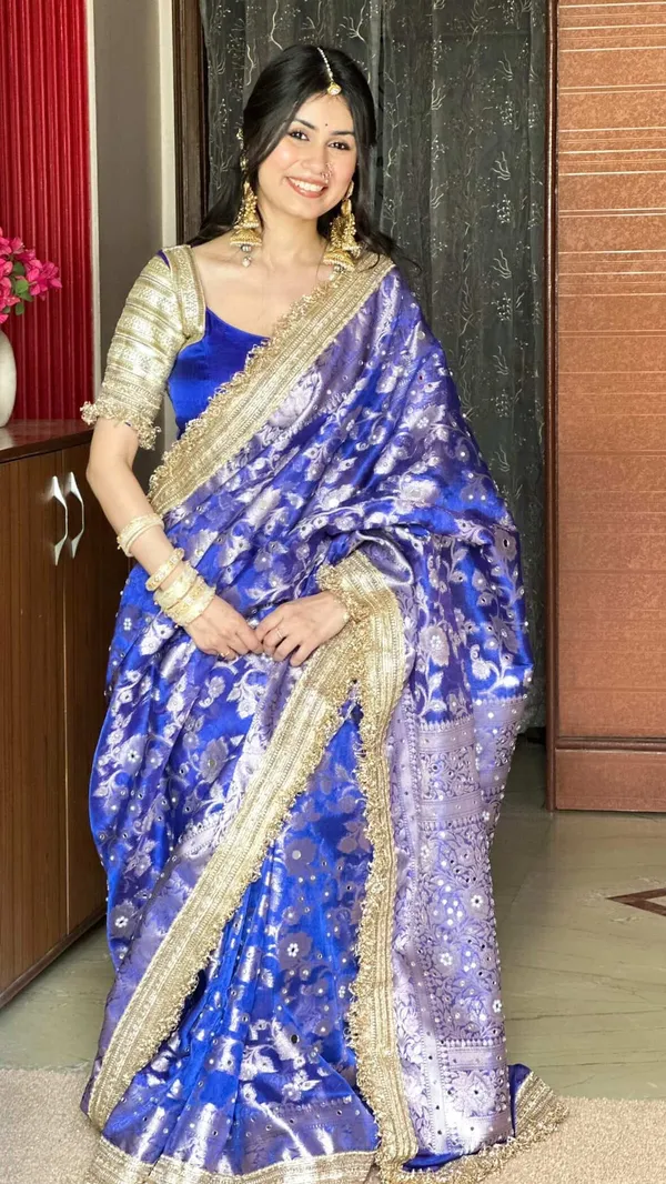 Gulab_Jaal_Mirror_Work_Banarasi_Saree_With_Heavy_Lace_Border_Navy
