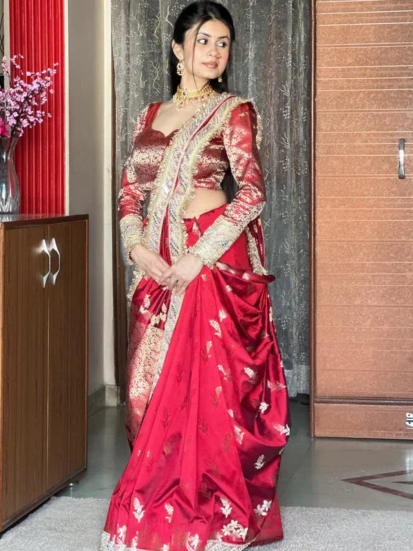 Meenakari_Katan_Silk_Sare_With_Heavy_Lace_Border_Red