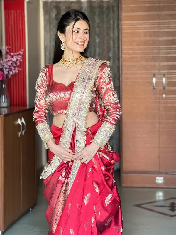 Meenakari_Katan_Silk_Sare_With_Heavy_Lace_Border_Red