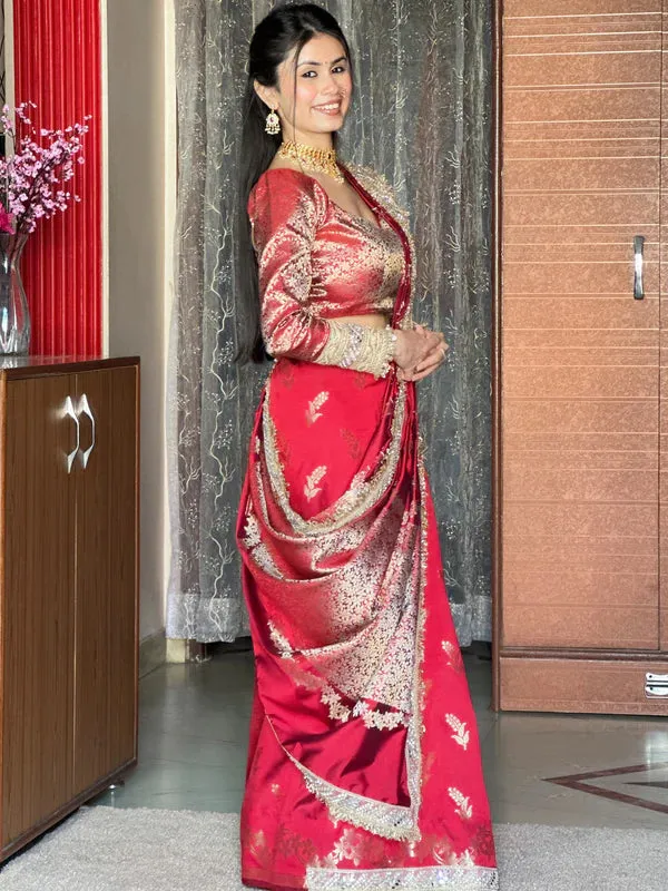 Meenakari_Katan_Silk_Sare_With_Heavy_Lace_Border_Red
