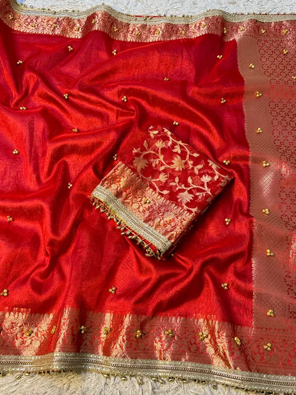 Banarasi_Tissue_Silk_Saree_With_Zari_Border_Ghungroo_Lace_Viral_Ghungroo_Saree_Red