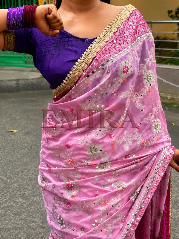 Baby_Pink_Banarasi_Georgette_Saree_With_Meenakari_Jaal_Mirror_Work