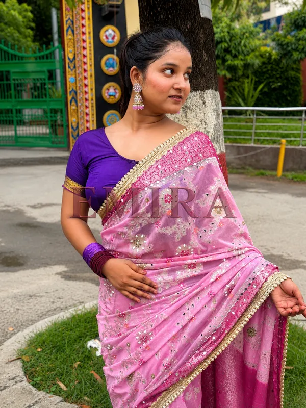 Baby_Pink_Banarasi_Georgette_Saree_With_Meenakari_Jaal_Mirror_Work