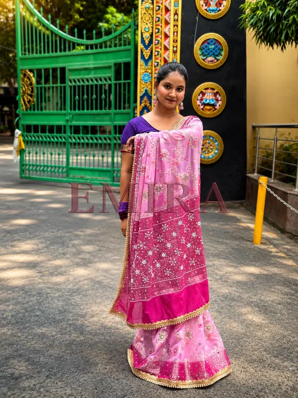 Baby_Pink_Banarasi_Georgette_Saree_With_Meenakari_Jaal_Mirror_Work