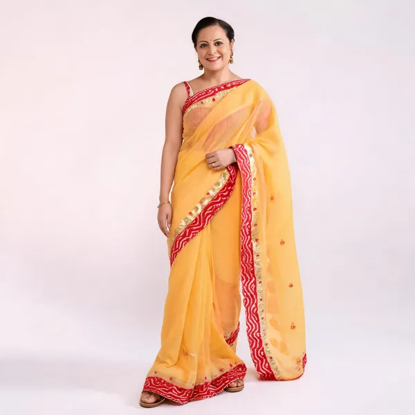 Mango_Yellow_Kota_Doria_Saree_With_Red_Bandhej_Border_Gotta_Patti_Work