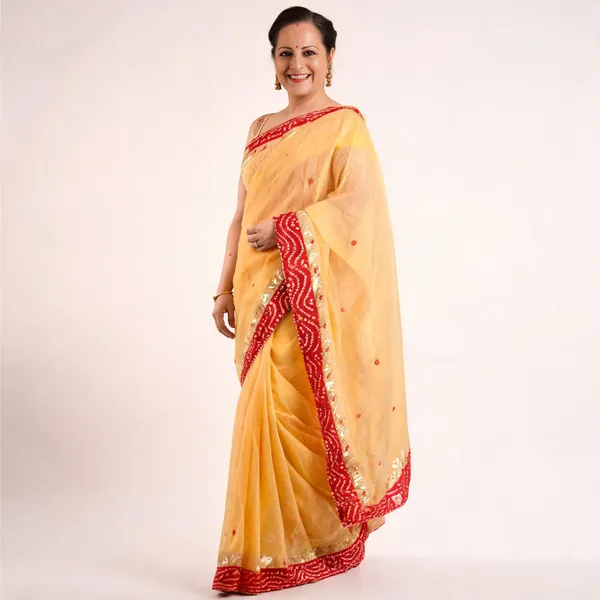Mango_Yellow_Kota_Doria_Saree_With_Red_Bandhej_Border_Gotta_Patti_Work