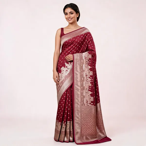Ruby_Red_Mashru_Katan_Silk_Ghat_Border_Banarasi_Saree