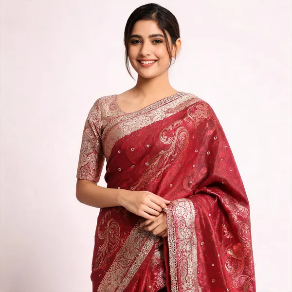 Deep_Maroon_Banarasi_Tissue_Silk_Saree_With_Intricate_Cut_Work_Lace_Border