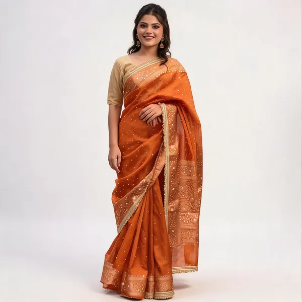 Rangmahal_Mirror_Work_Banarasi_Tissue_Silk_Saree_Orange