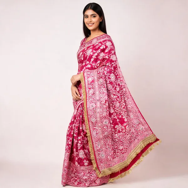 Gulab_Jaal_Mirror_Work_Banarasi_Saree_With_Heavy_Lace_Border_Pink