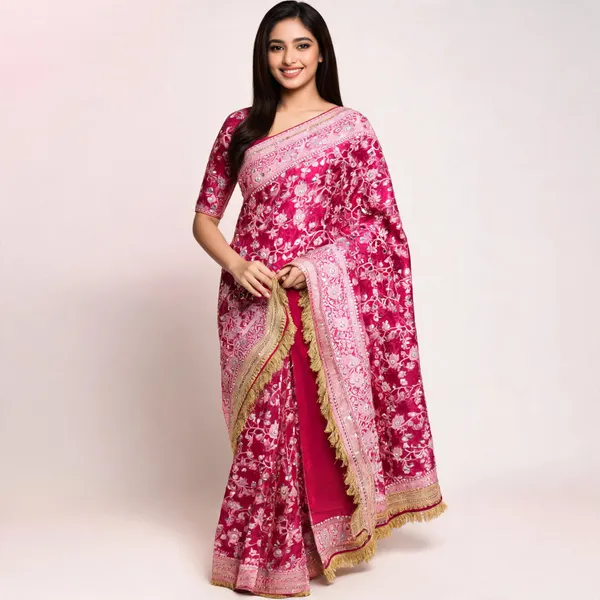 Gulab_Jaal_Mirror_Work_Banarasi_Saree_With_Heavy_Lace_Border_Pink