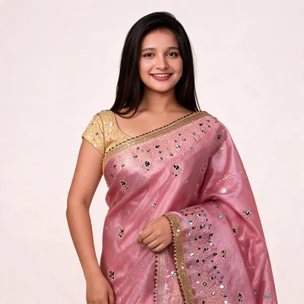 Buta_Mirror_Work_Banarasi_Tissue_Silk_Saree_Pink