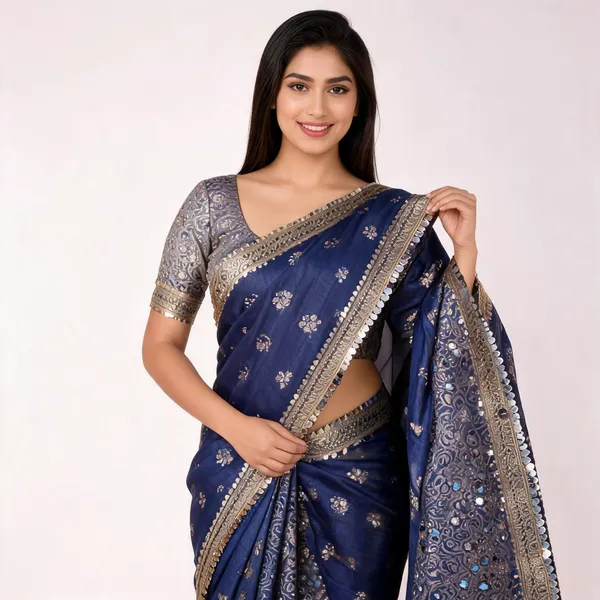 Buta_Mirror_Work_Banarasi_Tissue_Silk_Saree_Navy