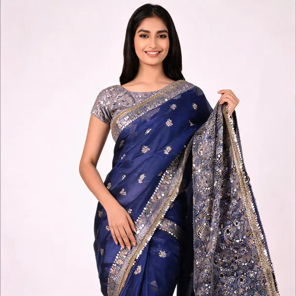 Buta_Mirror_Work_Banarasi_Tissue_Silk_Saree_Navy