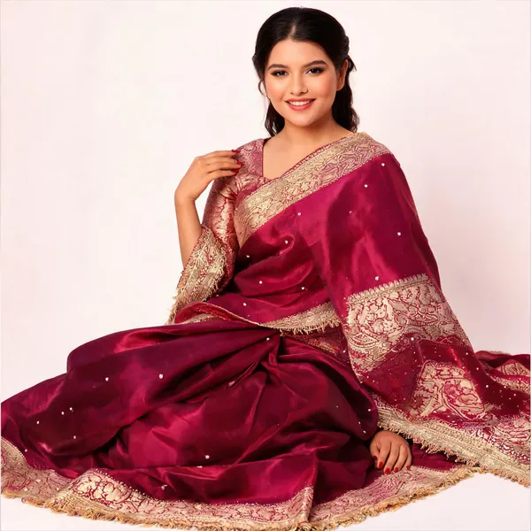 Banarasi_Tissue_Silk_Saree_With_Hand_Embroidered_Moti_Work_Heavy_Lace_Border_Pink