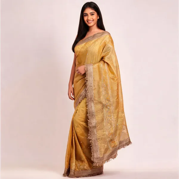 Banarasi_Tissue_Silk_Saree_With_Hand_Embroidered_Moti_Work_Heavy_Lace_Border_Yellow