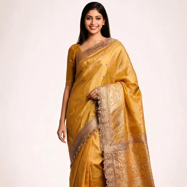 Banarasi_Tissue_Silk_Saree_With_Hand_Embroidered_Moti_Work_Heavy_Lace_Border_Yellow