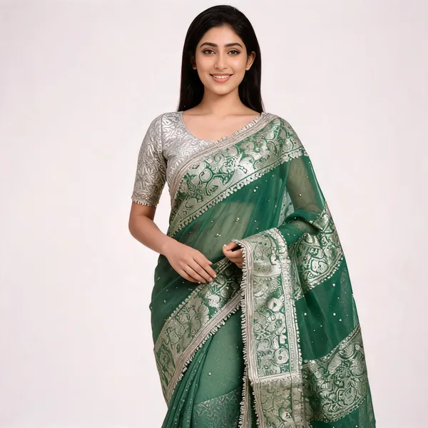 Banarasi_Tissue_Silk_Saree_With_Hand_Embroidered_Moti_Work_Heavy_Lace_Border_Green