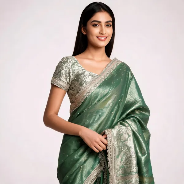 Banarasi_Tissue_Silk_Saree_With_Hand_Embroidered_Moti_Work_Heavy_Lace_Border_Green