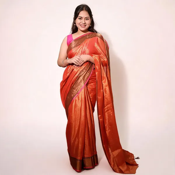 Mul_Tissue_Saree_With_Temple_Border_Orange