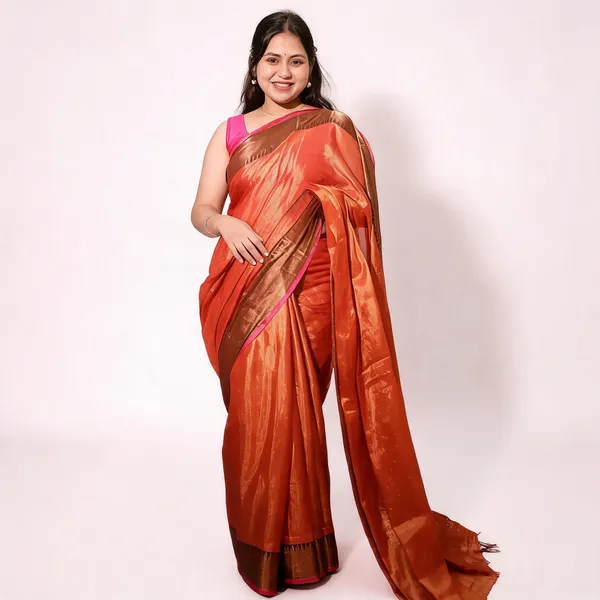 Mul_Tissue_Saree_With_Temple_Border_Orange