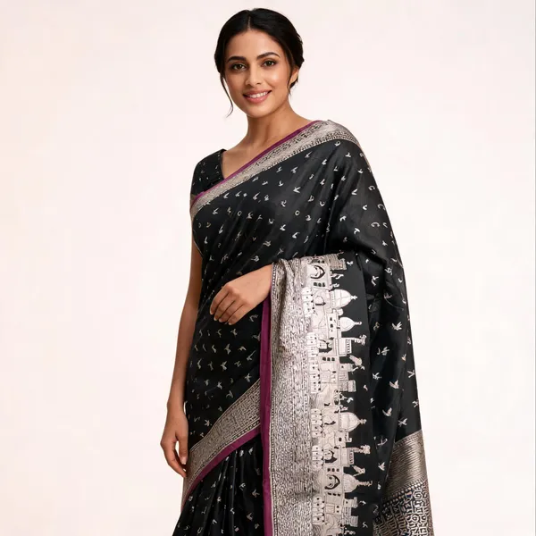 Mashru_Katan_Silk_Ghat_Border_Banarasi_Saree_Black
