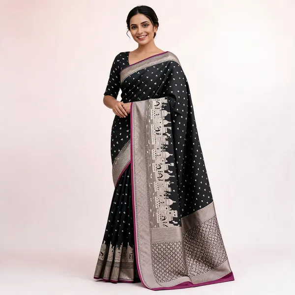 Mashru_Katan_Silk_Ghat_Border_Banarasi_Saree_Black
