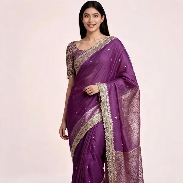 Banarasi_Tissue_Silk_Saree_With_Hand_Embroidered_Moti_Work_Heavy_Lace_Border_Purple