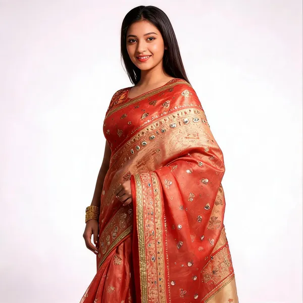 Buta_Mirror_Work_Banarasi_Tissue_Silk_Saree_Bronze