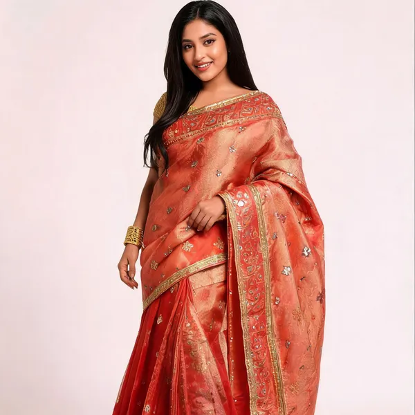Buta_Mirror_Work_Banarasi_Tissue_Silk_Saree_Bronze